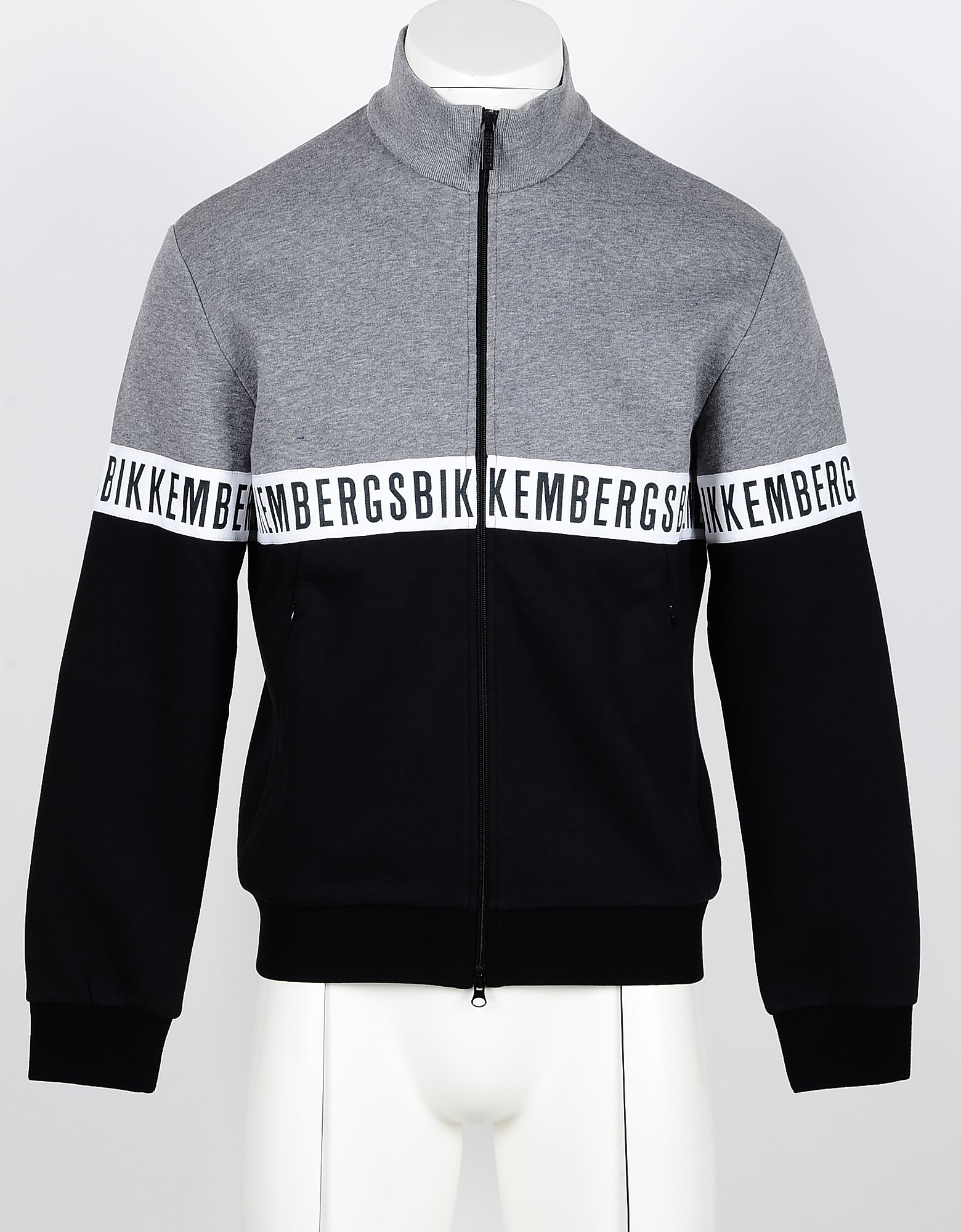 Bikkembergs Designer Sweatshirts, Black/Gray Color Block Cotton Zip-Up Men's Sweatshirt