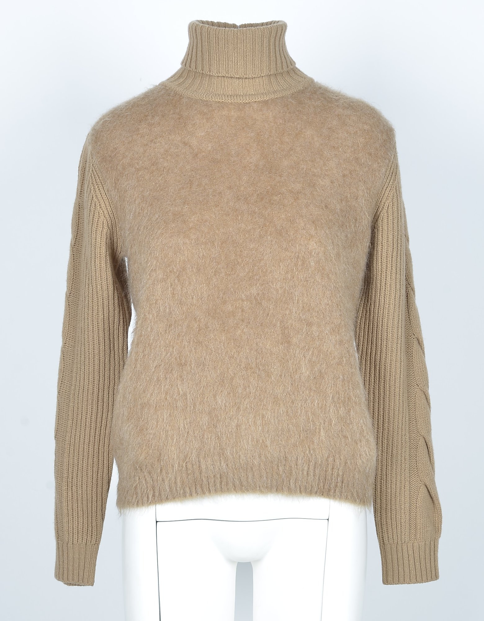 Max Mara Designer Knitwear, Light Brown Mohair and Wool Brown Women's Turtleneck Sweater