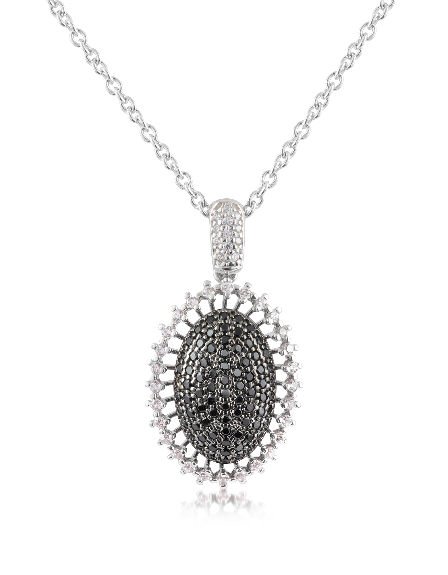 Black Cubic Zirconia and Sterling Silver Oval Pendant Necklace