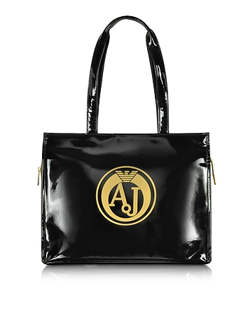 Black Faux Patent Leather Tote