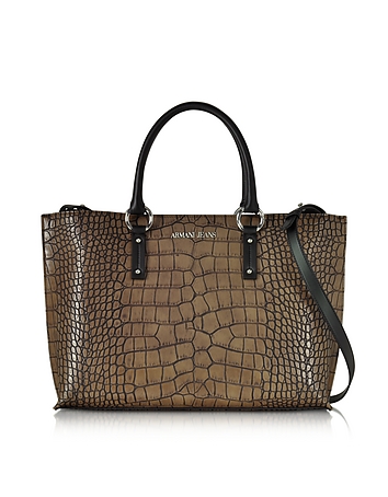 Brown Faux Embossed Croco Leather Tote
