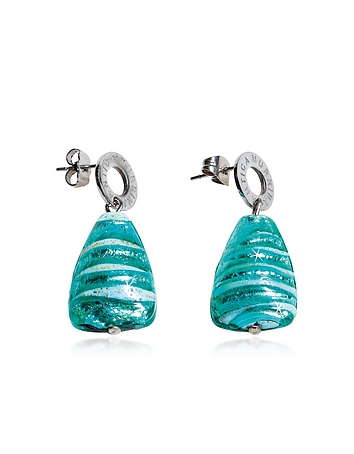 Marina 2 - Turquoise Green Murano Glass and Silver Leaf Drop Earrings