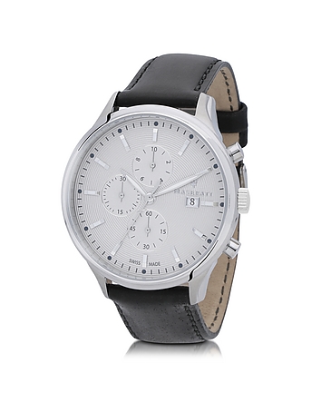 Attrazione Silver Tone Stainless Steel Case and Black Leather Strap Men's Chrono Watch