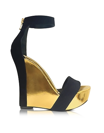 Samara Black Suede and Gold Metallic Leather Wedge Sandal