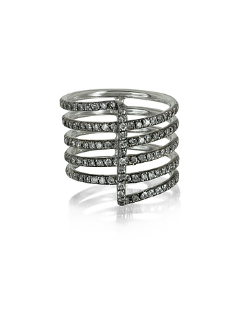 Four Bands 9K White Gold Ring w/Grey Diamonds Pave