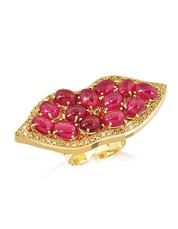 Big Mouth w/Cabochon Rubies Gold Ring