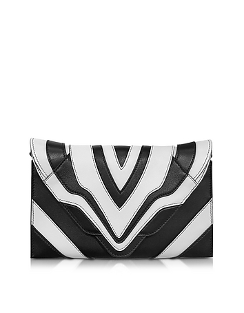 Selina Graphic Lines Small Black & White Leather Clutch