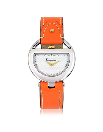 Buckle Collection Silver Tone Stainless Steel Case and Orange Leather Strap Women's Watch
