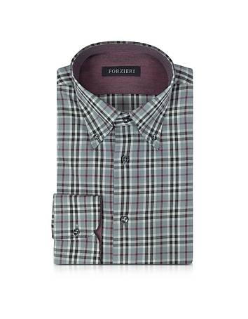 Gray & Burgundy Plaid Cotton Slim Fit Men's Shirt