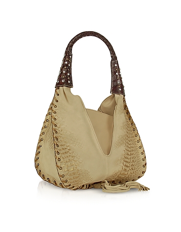 Jeweled Beige Suede and Leather Hobo Bag