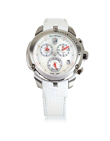 Shield Lady Silver Tone Stainless Steel and White Croco Print Leather Chronograph Watch