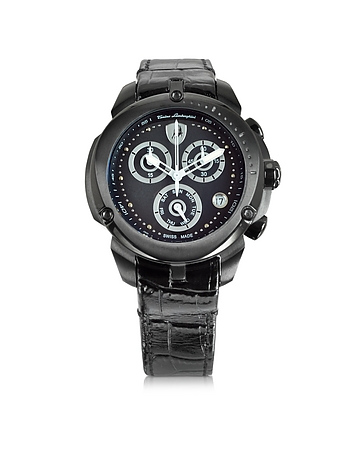 Shield Lady Black Stainless Steel and Black Croco Print Leather Chronograph Watch