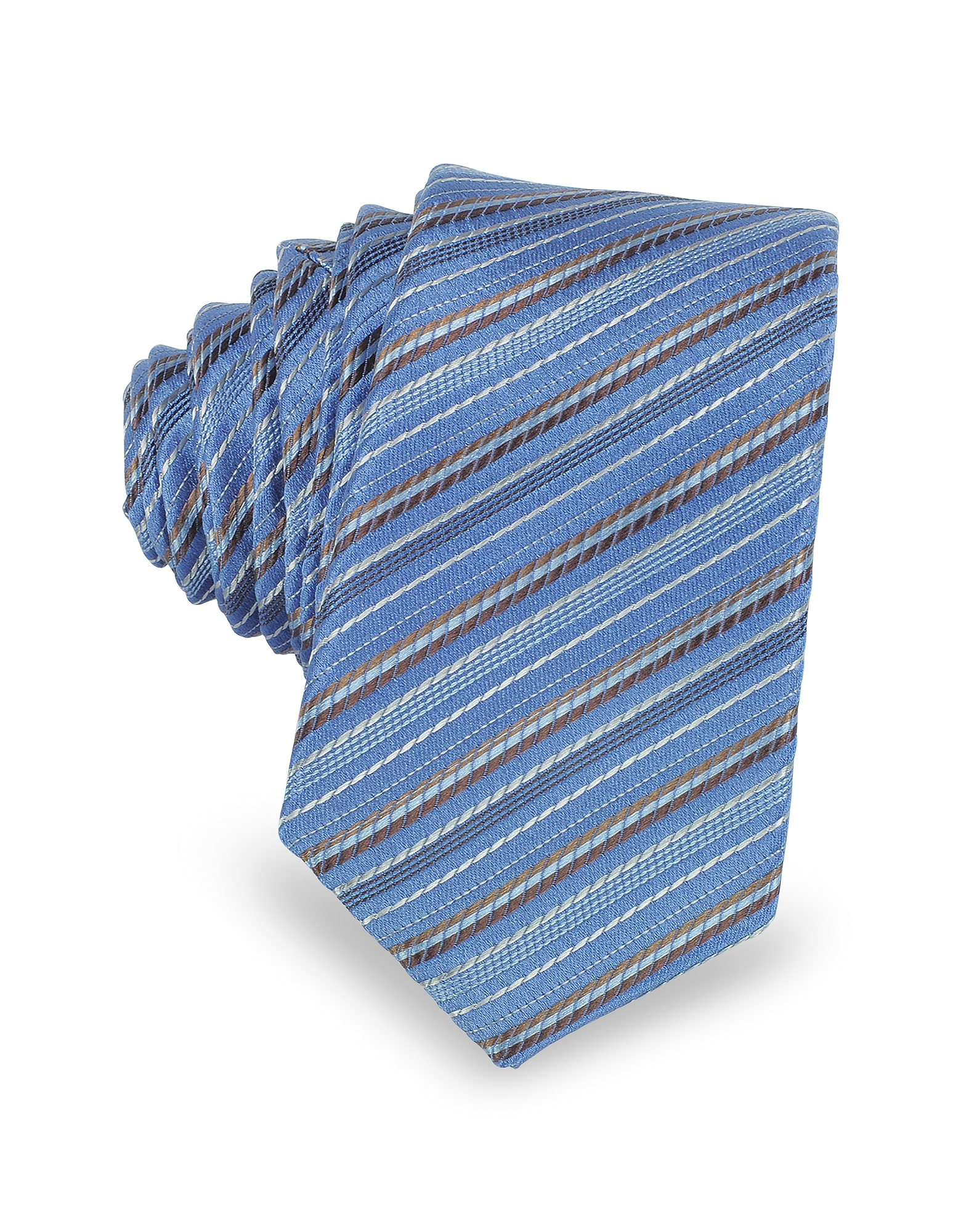 Laura Biagiotti Light Blue and Brown Diagonal Stripe Woven Silk Extra-Narrow Tie