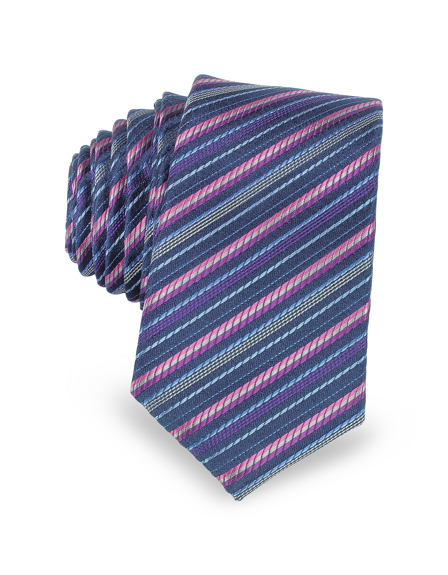Laura Biagiotti Navy Blue and Pink Diagonal Stripe Woven Silk Extra-Narrow Tie