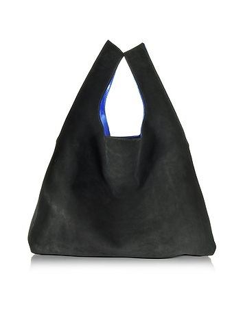 Black Suede/Electric Blue Laminated Leather Tote Bag