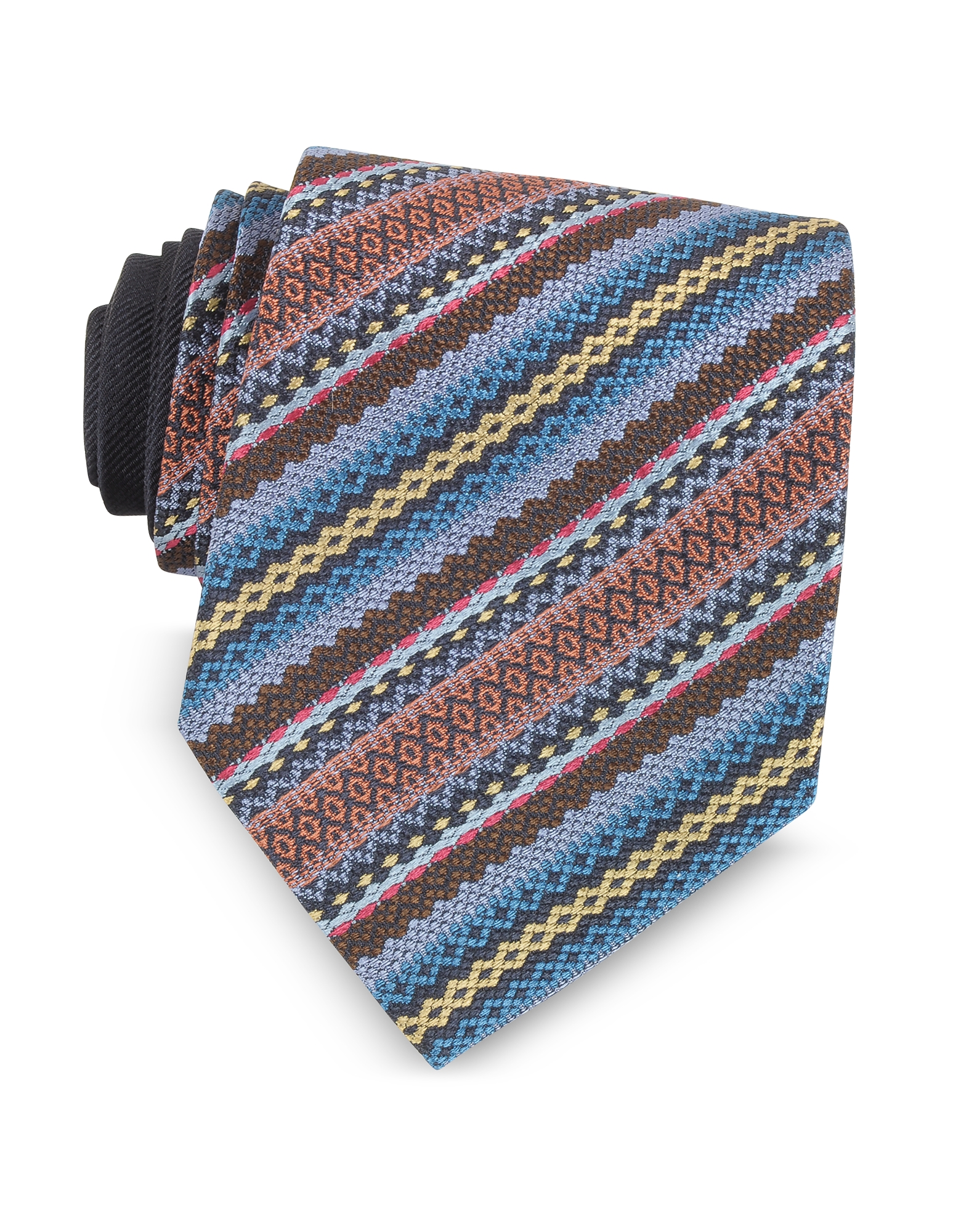 Missoni Blue and Brown Diagonal Stripe and Geometric Woven Silk Tie