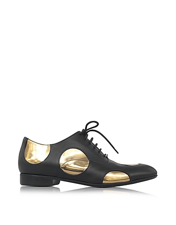 Black Leather Oxford Shoe w/Gold Metallic Polka Dots