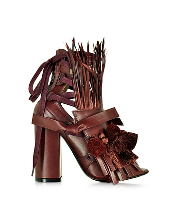 Burgundy Leather Heel Sandal w/Pom Pom Tassel & Fringe