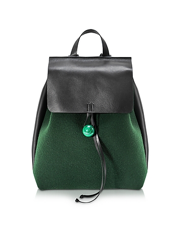 Rose Green Felt and Black Leather Backpack