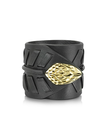 Serpent Black Leather and Gold Tone Metal Bracelet