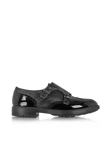 Black Grained and Patent Leather Women's Wingtip Monk Strap Shoe