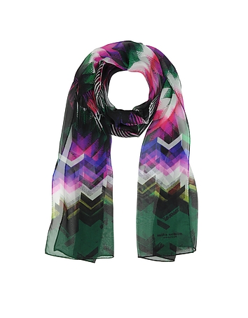 Pink and Green Zig Zag Print Silk Long Scarf