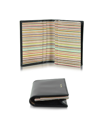 Men's Black Leather and Signature Stripe Interior Fold Over Card Wallet