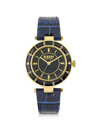 Logo Gold Tone Stainless Steel and Dark Blue Embossed Leather Strap Women's Watch