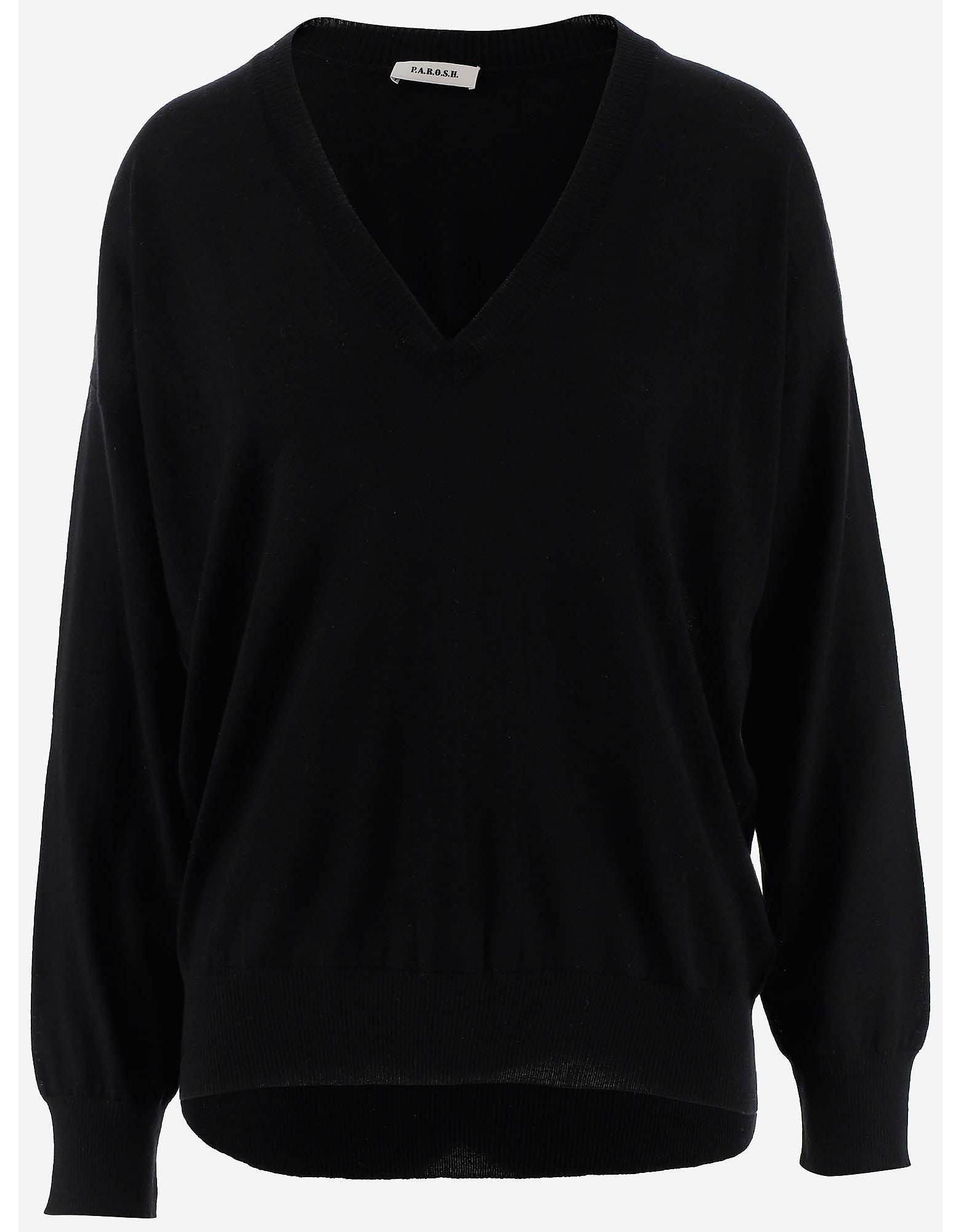 Parosh Designer Knitwear, Black Cashmere Women's V-neck Sweater