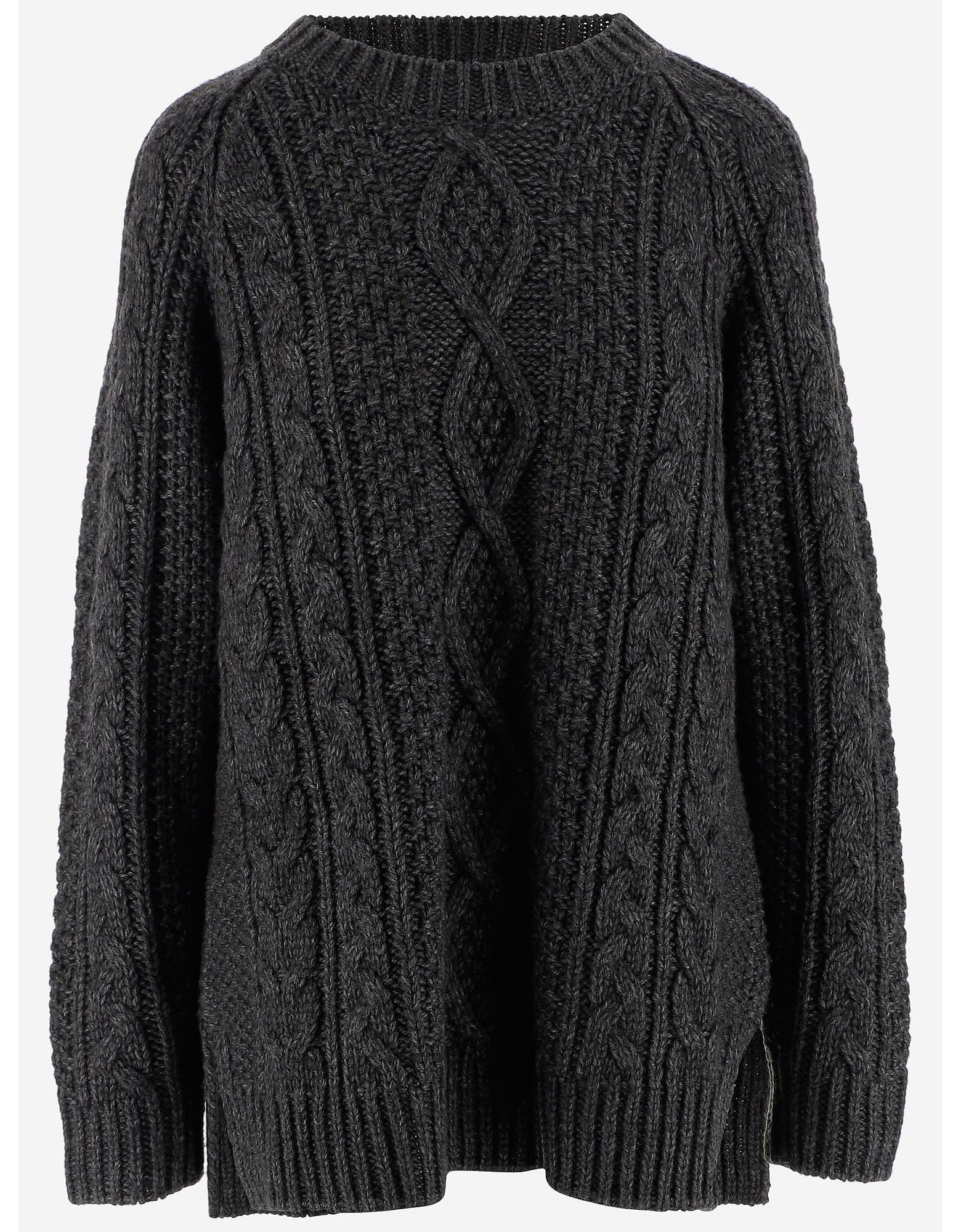 Parosh Designer Knitwear, Gray Alpaca and Wool Blend Cable-Knit Women's Sweater