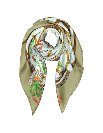 Boutique Moschino Geese & Horse Saddles Printed Twill Silk Square Scarf