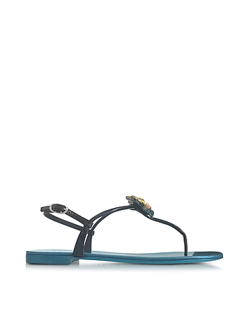 Pia Black Patent Leather Flat Sandal w/Crystals and Blue Metallic Insole