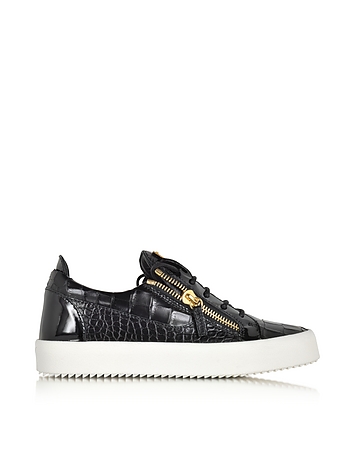Black Embossed Croco Leather Low Top Sneaker