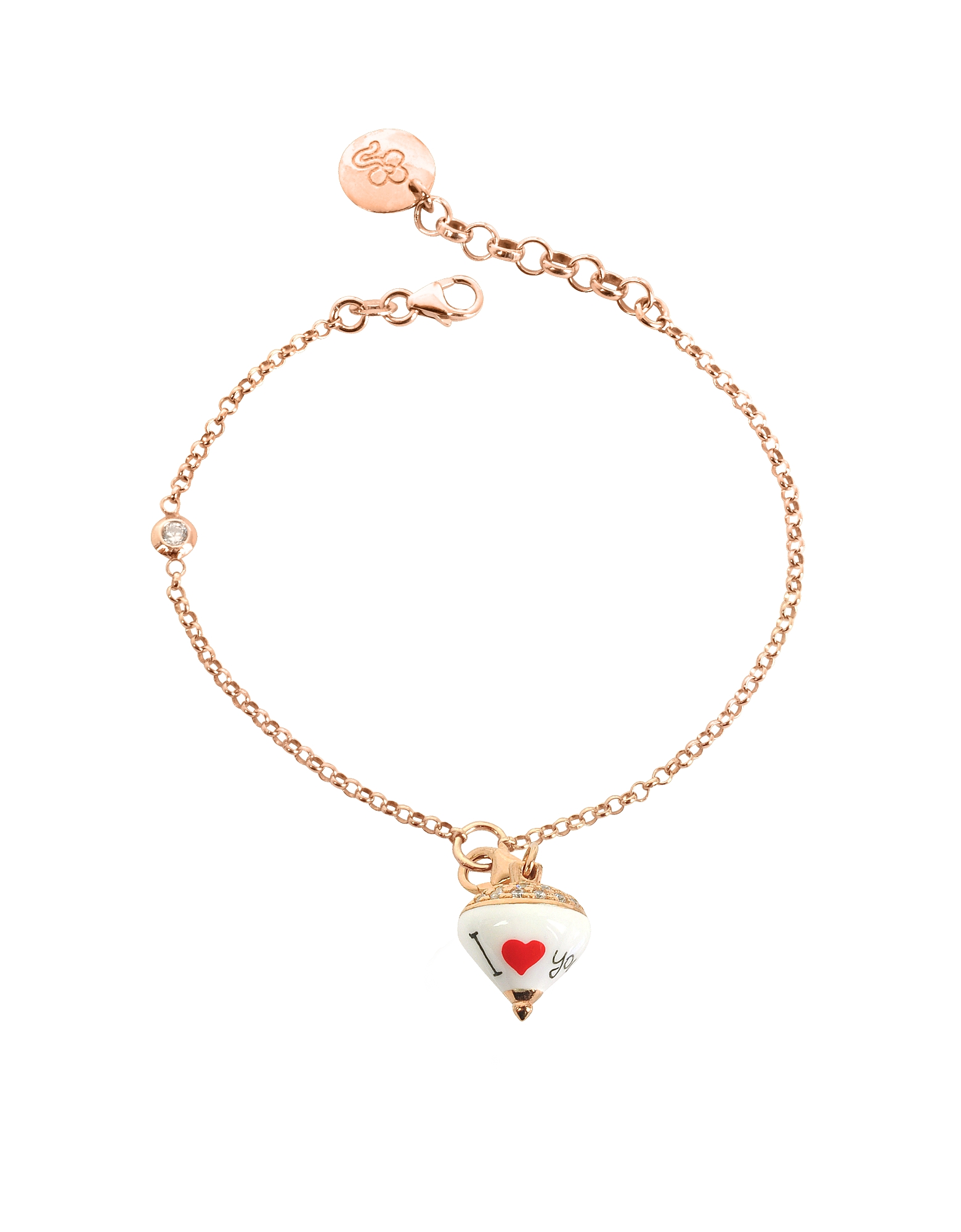 

Rose Sterling Silver and Enamel Small Spinning Top Charm Bracelet w/Cubic Zirconia, White