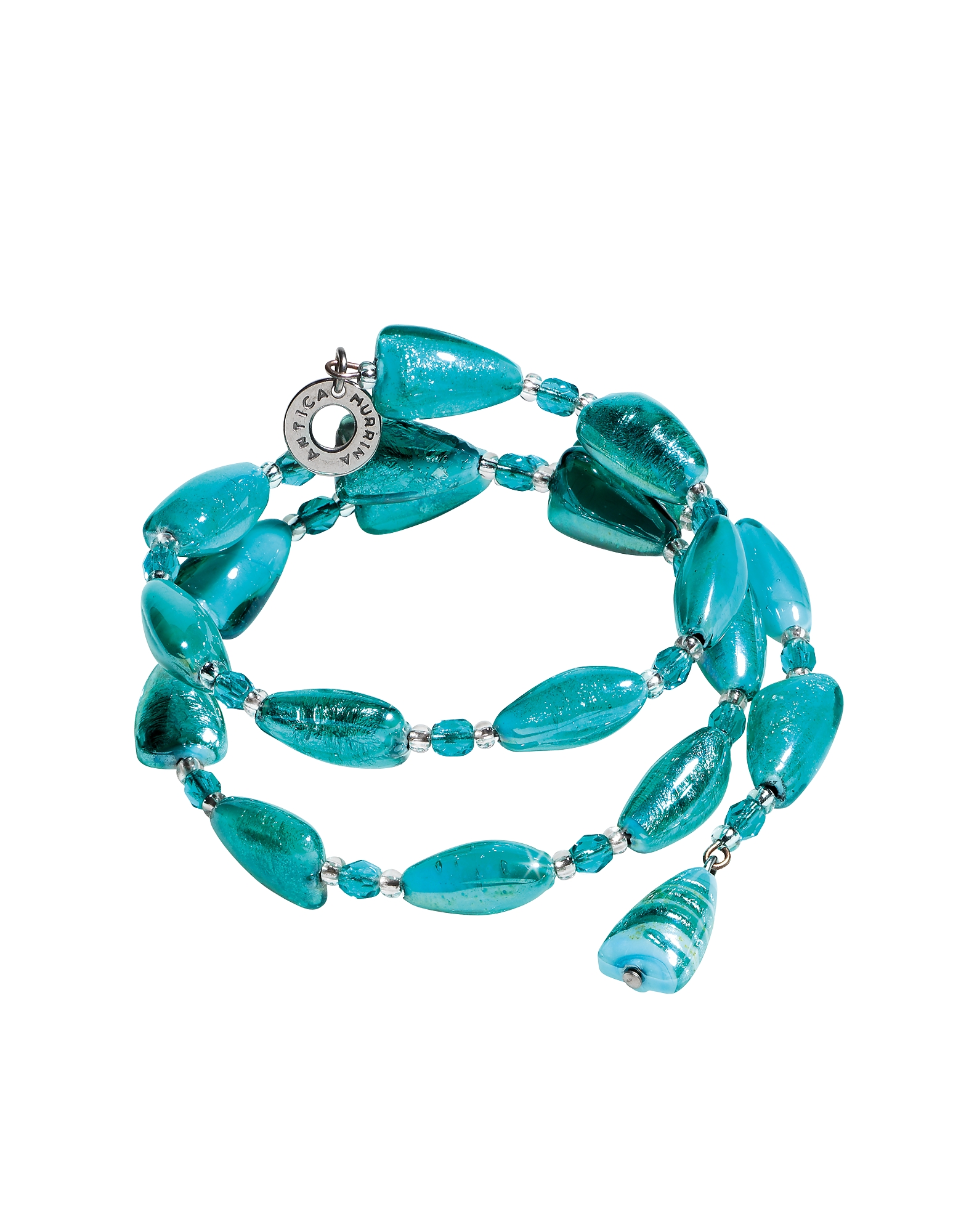 

Marina 1 Rigido - Turquoise Green Murano Glass and Silver Leaf Bracelet