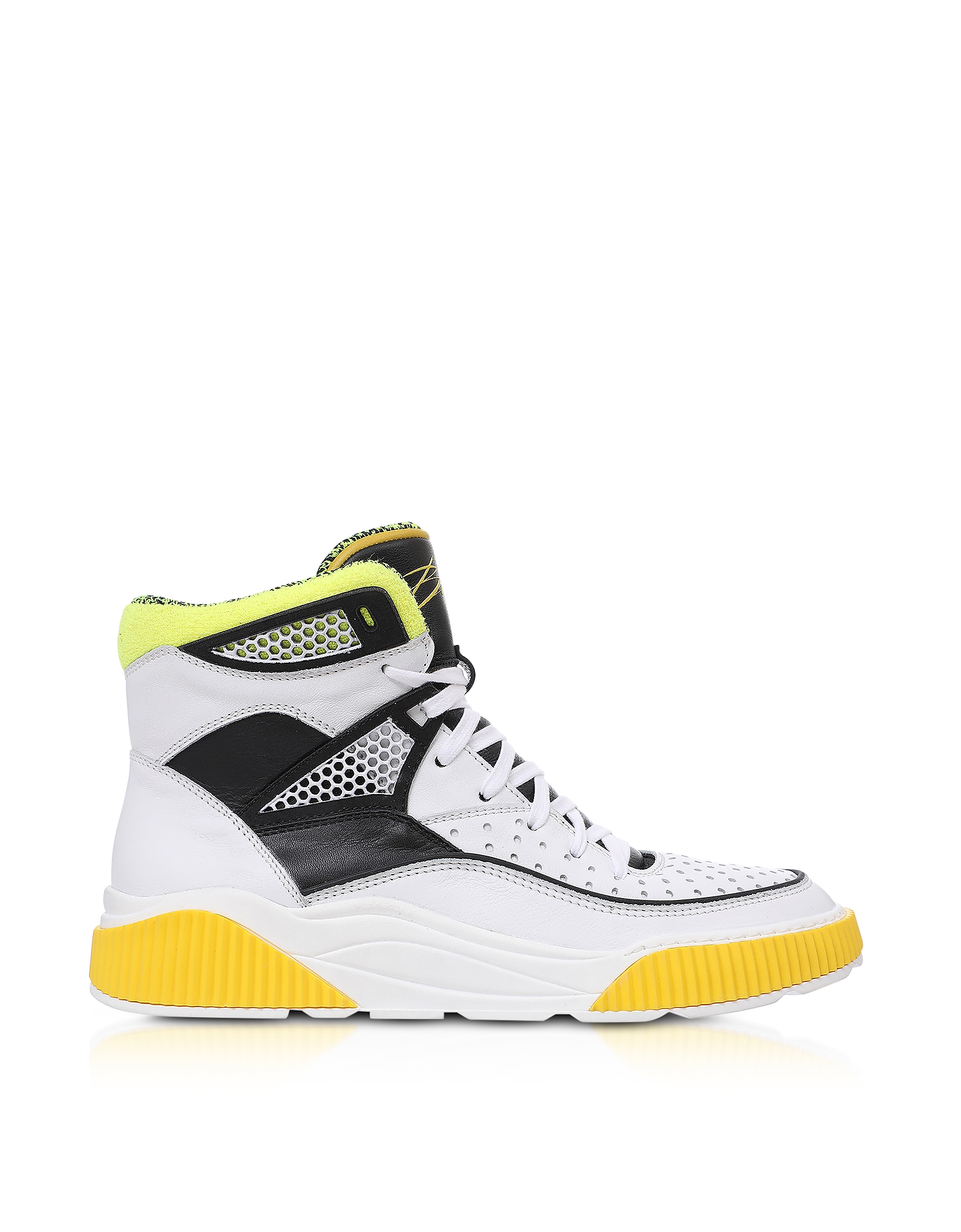 

White and Yellow Kery-Leather High Top Sneakers