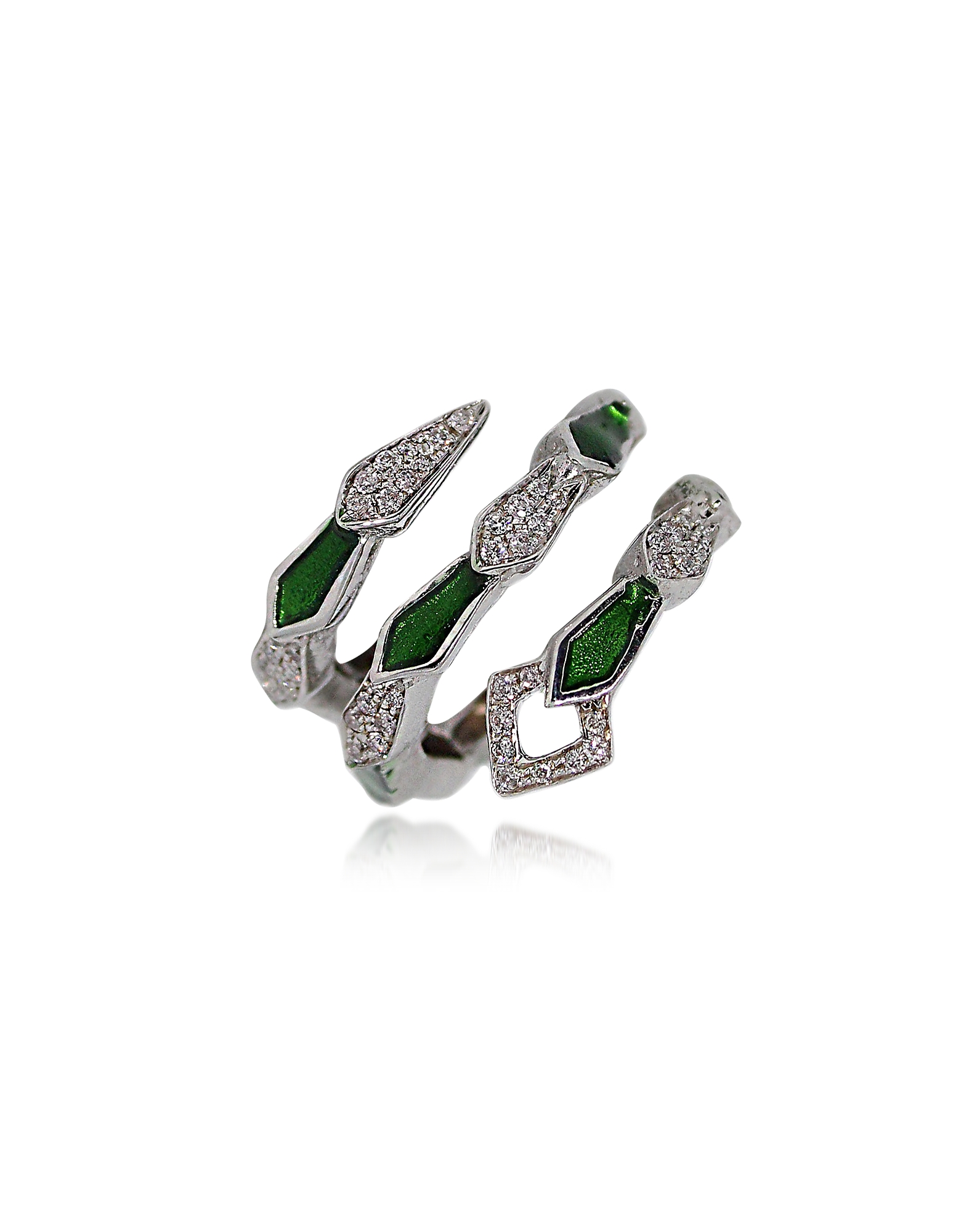

White Gold Spiral Snake Ring w/ Pavé Diamonds&Green Enamel, Silver