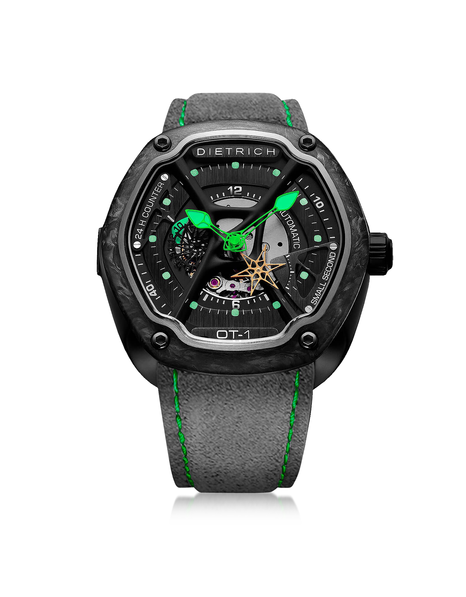 

OT-1 316L Steel And Forged Carbon Men's Watch w/Green Luminova and Gray Suede Strap, Dark gray