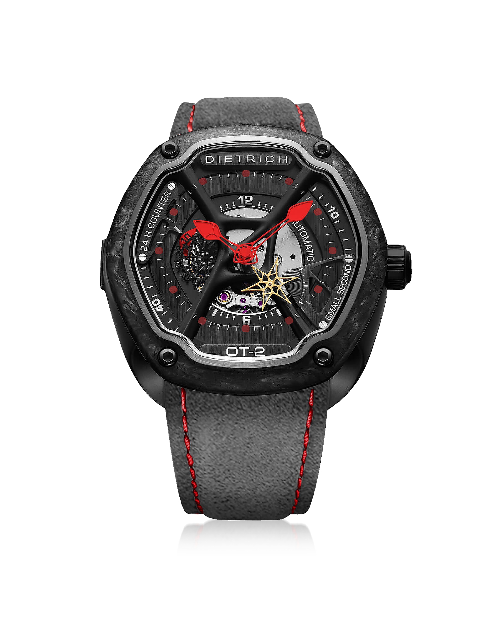 

OT-2 316L Steel And Forged Carbon Men's Watch w/Red Luminova and Gray Suede Strap, Dark gray
