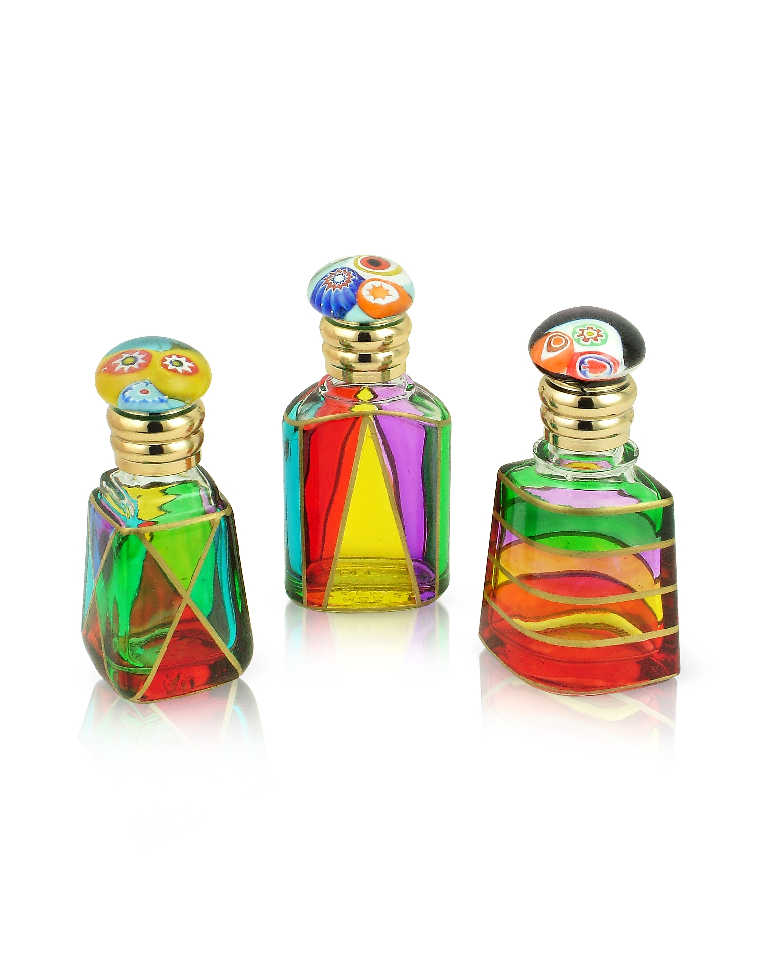 

Marco Polo - Hand Decorated Murano Glass Murrina-Capped Perfume Bottles, Multicolor