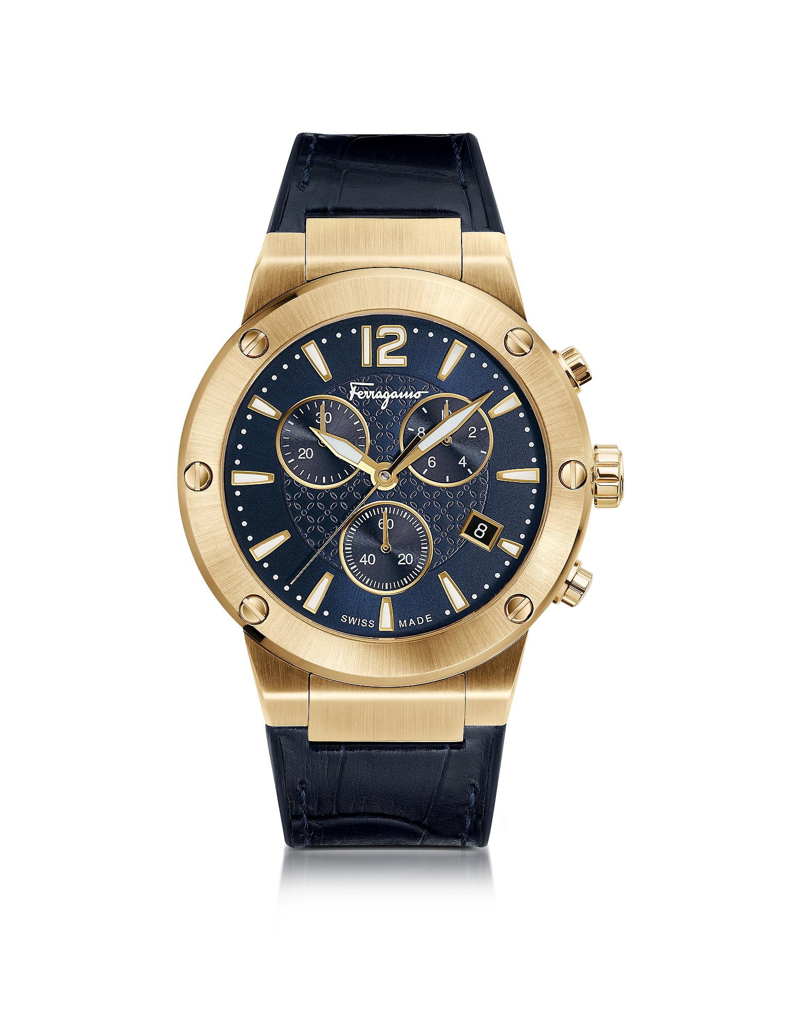 

F-80 Gold IP Stainless Steel Men's Chronograph Watch w/Blue Croco Embossed and Black Rubber Strap
