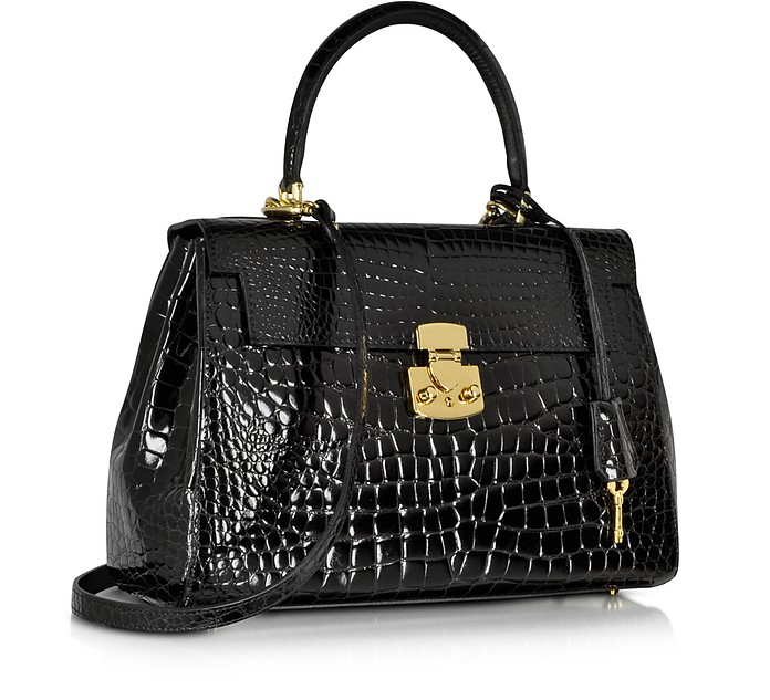 Fontanelli Shiny Black croco-style Leather Handbag at FORZIERI