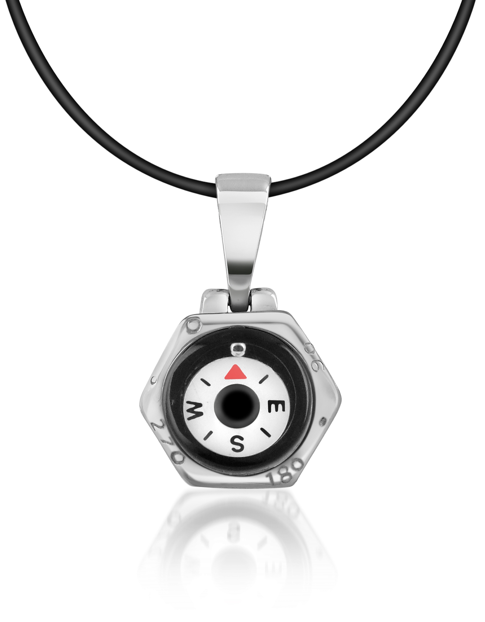 

Stainless Steel Compass Pendant w/Rubber Necklace, Silver