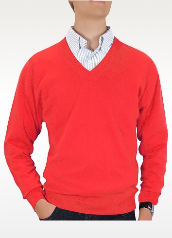 Forzieri Men's Coral Red Cashmere V-neck Sweater 36