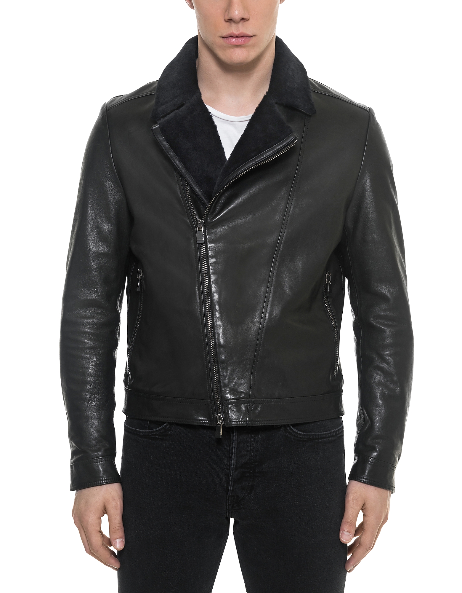 

Black Padded Leather and Shearling Men's Biker Jacket