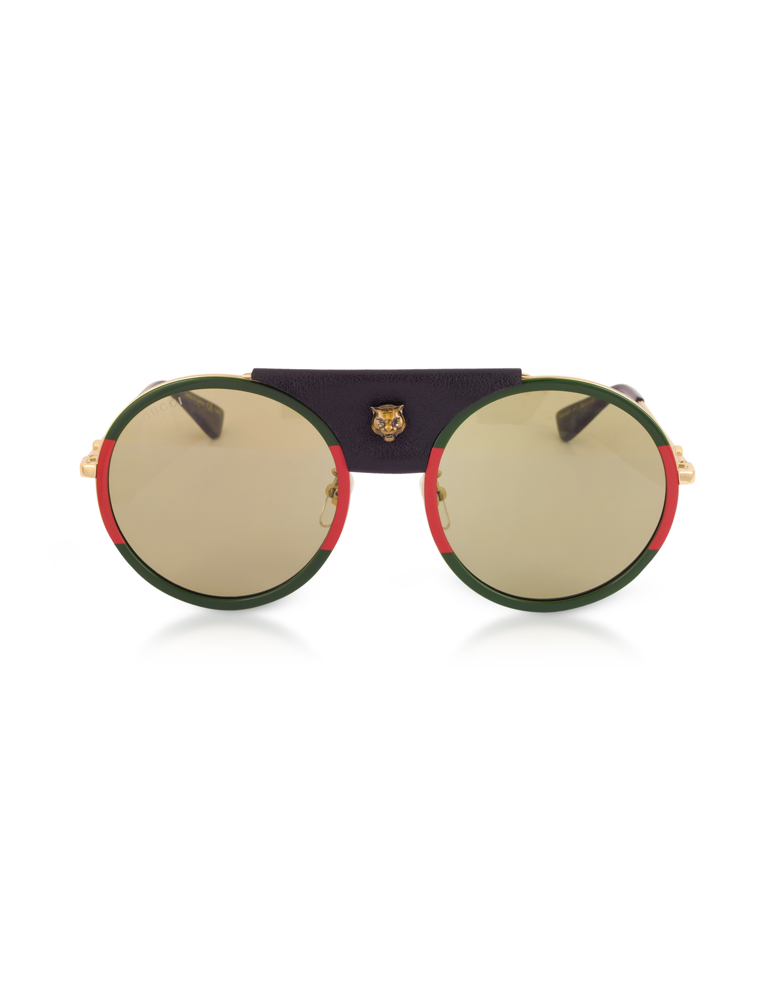 

GG0061S Round-frame Gold Metal and Black Leather Sunglasses w/Sylvie Web Trim, Gold/green