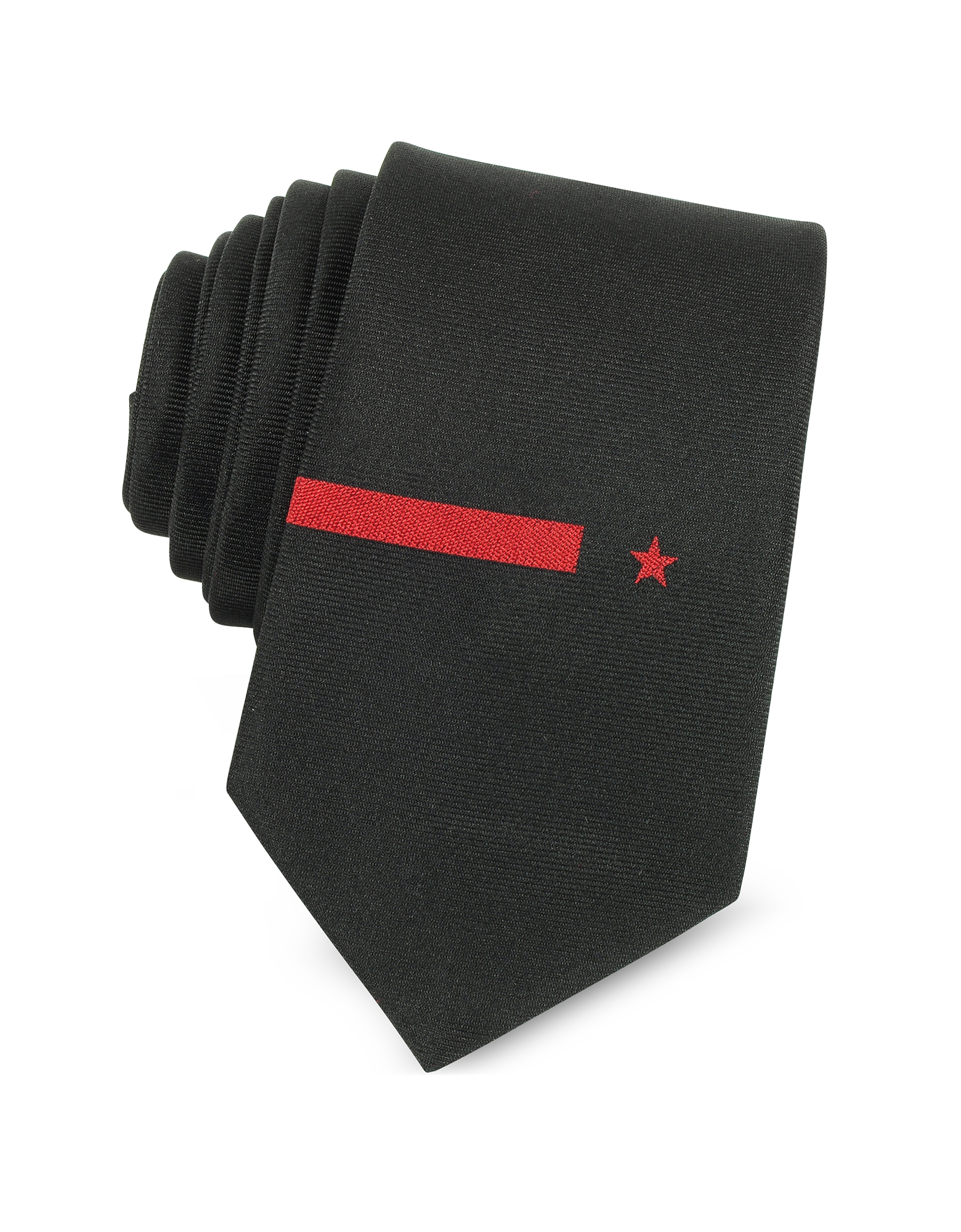 

Black Solid Twill Silk Narrow Tie w/Red Star and Band Embroidery