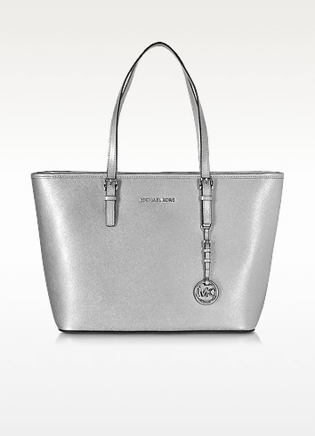 Michael Kors Jet Set Travel Silver Saffiano Leather Top Zip Tote at ...