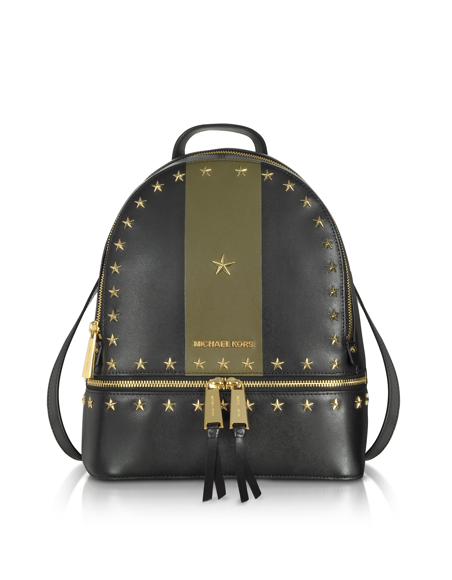 

Rhea Zip Medium Black and Olive Leather Backpack w/Stars