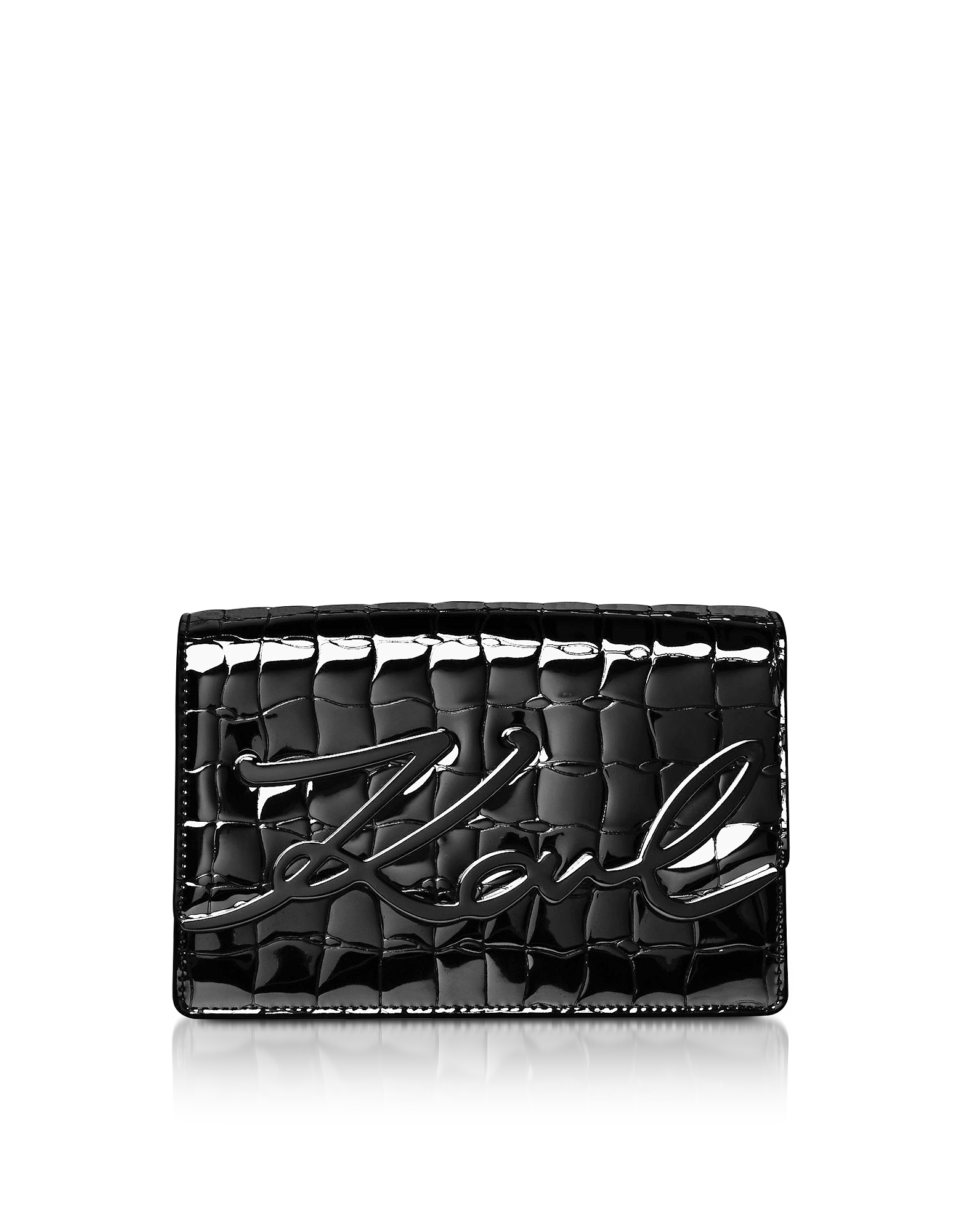 

K/Signature Black Croco Leather Shoulder Bag w/ Signature